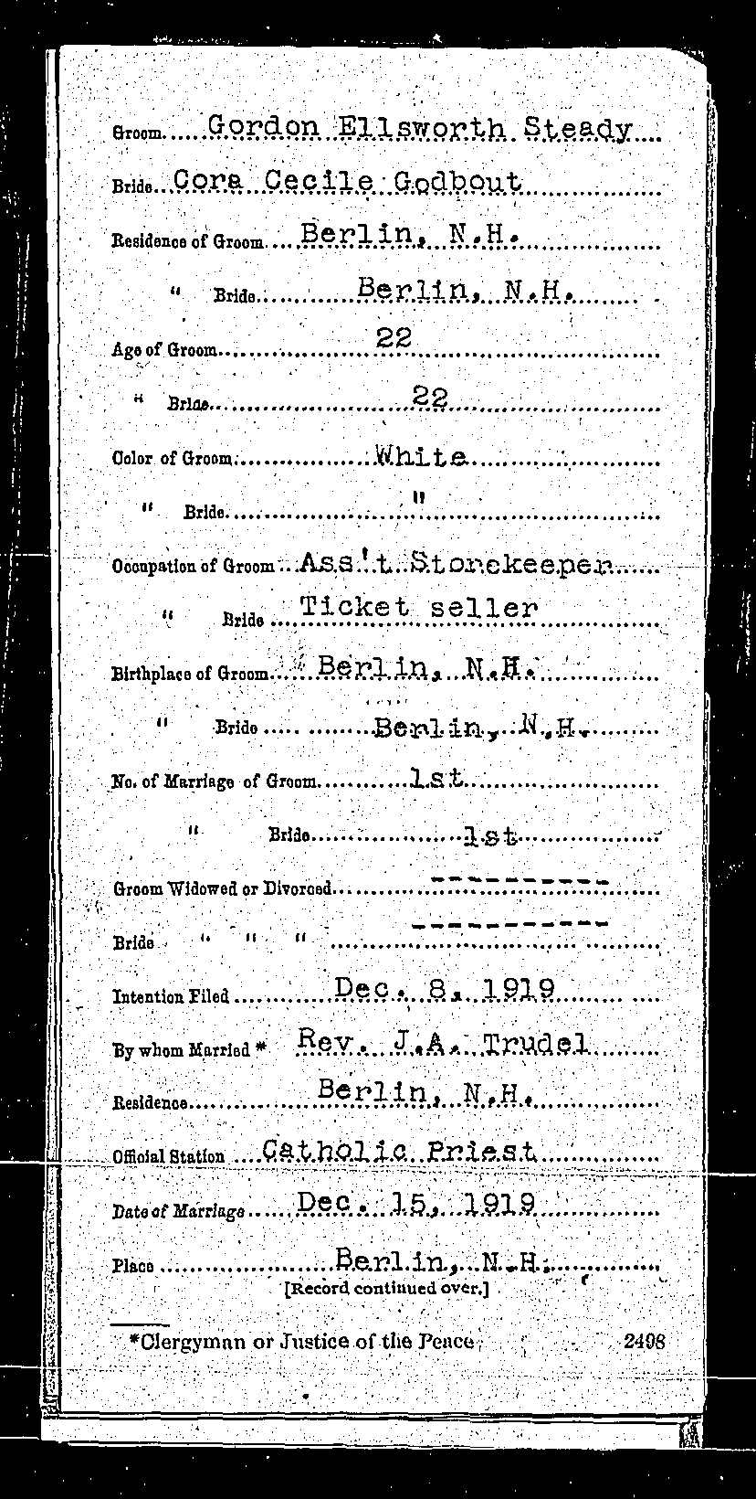 Gordon Ellsworth Steady and Cora Cecile Godbout marriage record
